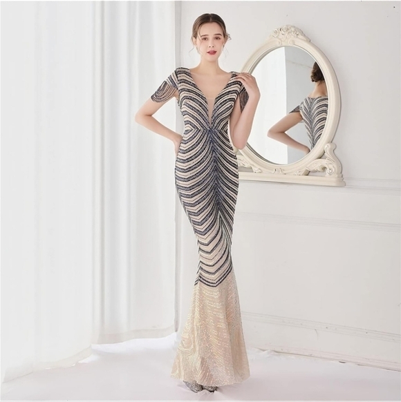 Navy/Ivory , Short Rhinestone Sleeves,  Sequined,  V Neck, Mermaid Maxi … - Picture 4 of 16